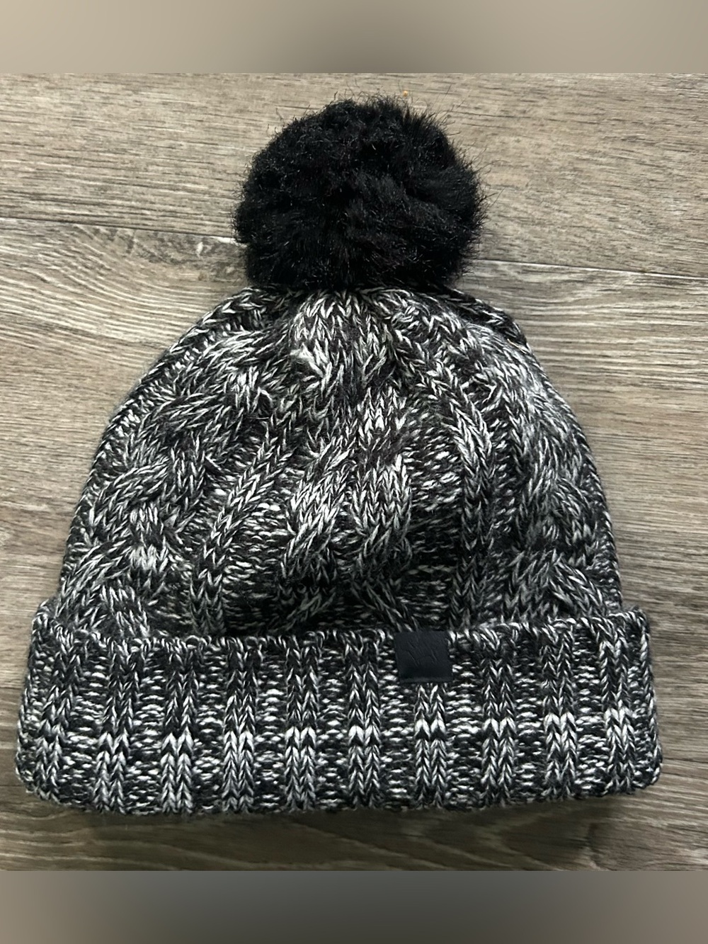 PINK Victoria's Secret Black & Gray Marled Cable-Knit Pom Beanie